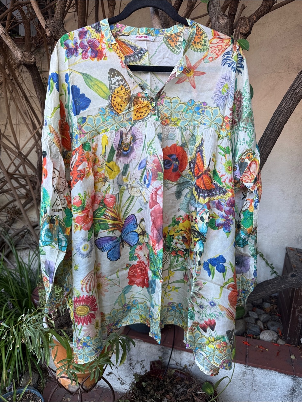 Johnny Was Multicolor Floral & Butterfly V-Neck Tunic